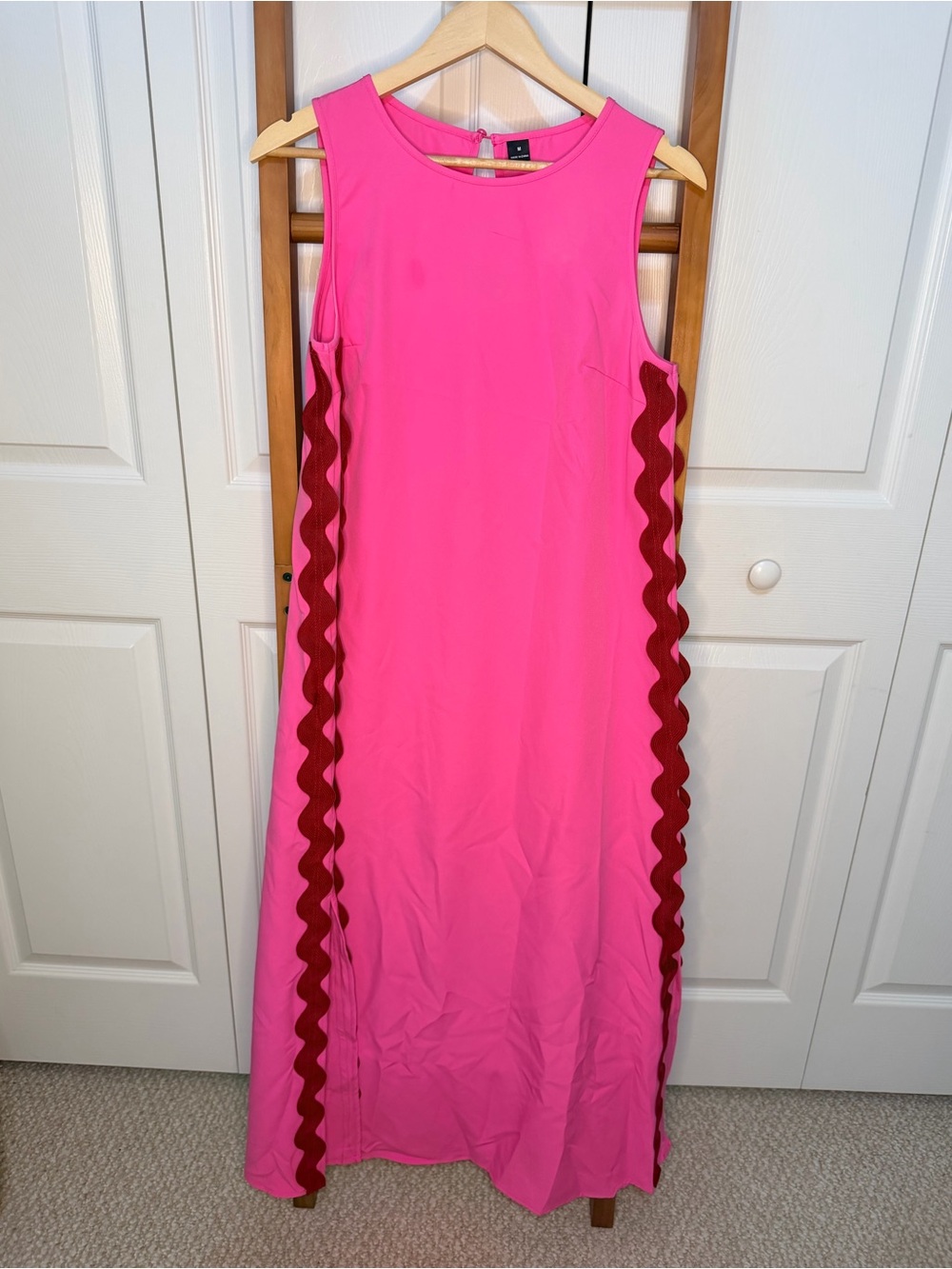 Pink and Red Ric Rac Trim Sleeveless Maxi Dress Side Slit Resort Medium - Picture 3 of 4